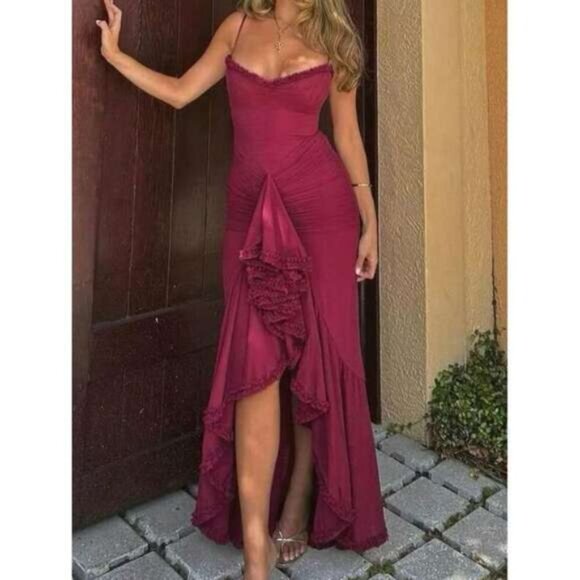 Fashionable Elegant Sexy Bodycon Ruffle Trim Asymmetrical Mesh Graduation Dress - Picture 3 of 5